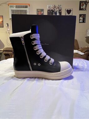 Rick Owens Black High-Top Lace & Zip Boot with White Sole Size 42